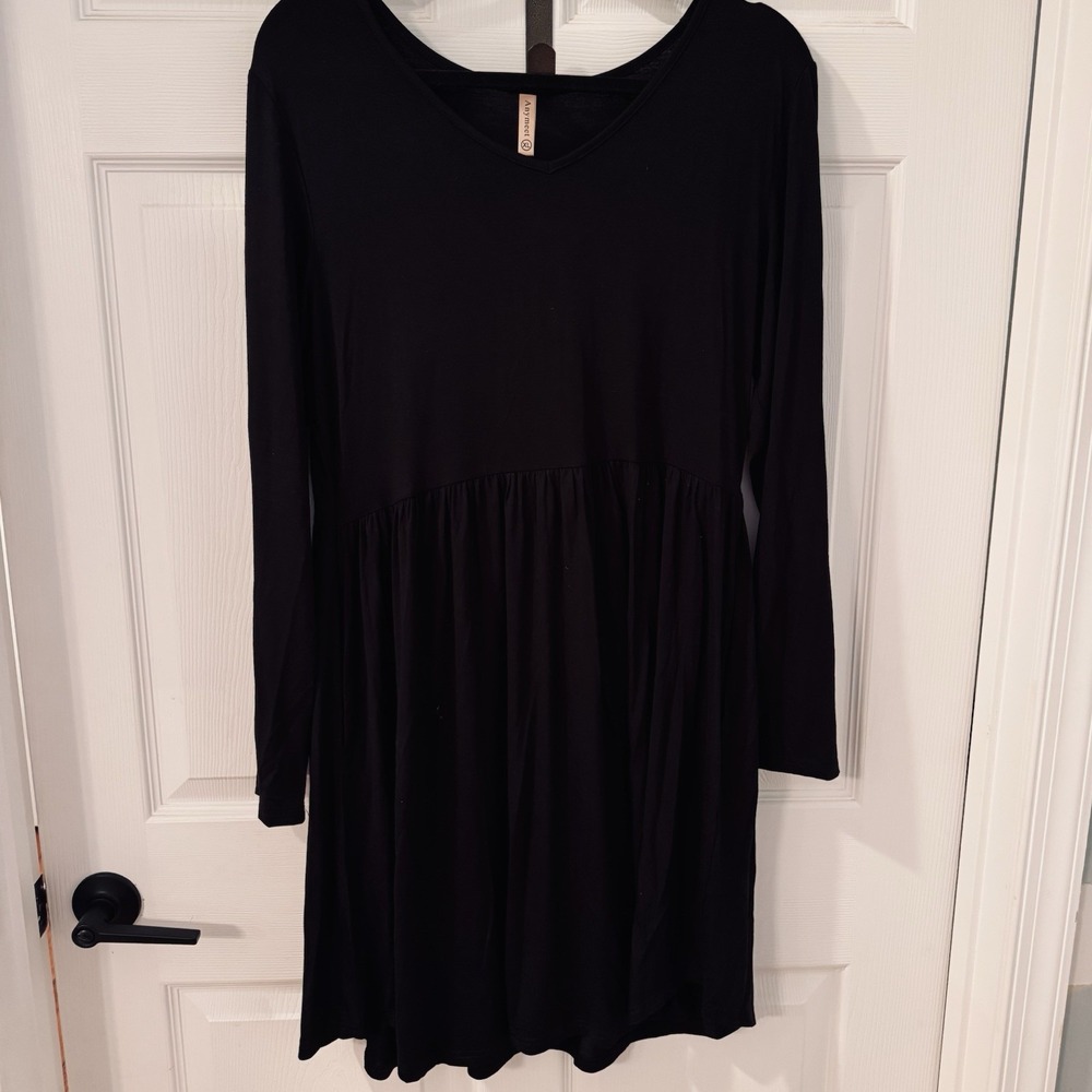 Anymeet Black Midi Length Fit & Flare Pocket Dress XL Long Sleeve Pockets Liquid